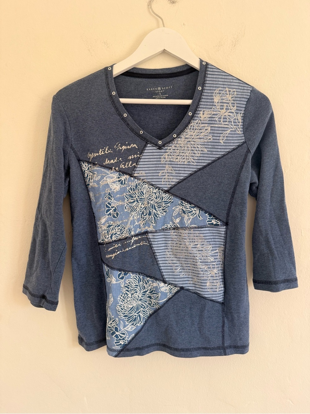 Karen Scott Blue Patchwork Sport Tee with Contrast Trim